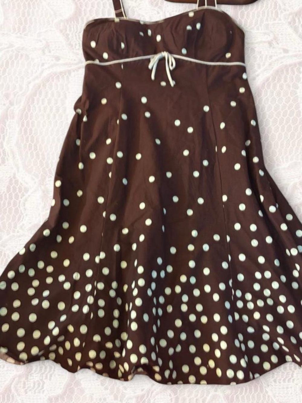 Polka Dot Brown Midi Dress with Sweetheart Neckline